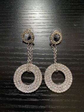 Crystal Pave Double-Ring Drop Earrings - Silver